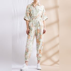 Lena Floral Jumpsuit vintage linen floral botanical zip collar medium